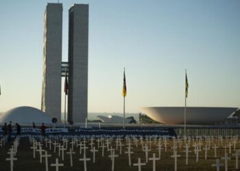Manifestantes fincam cruzes em frente ao Congresso e criticam governo Bolsonaro