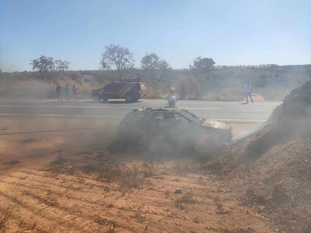 Carro pega fogo e chamas causam incêndio às margens da GO-213, em Caldas Novas