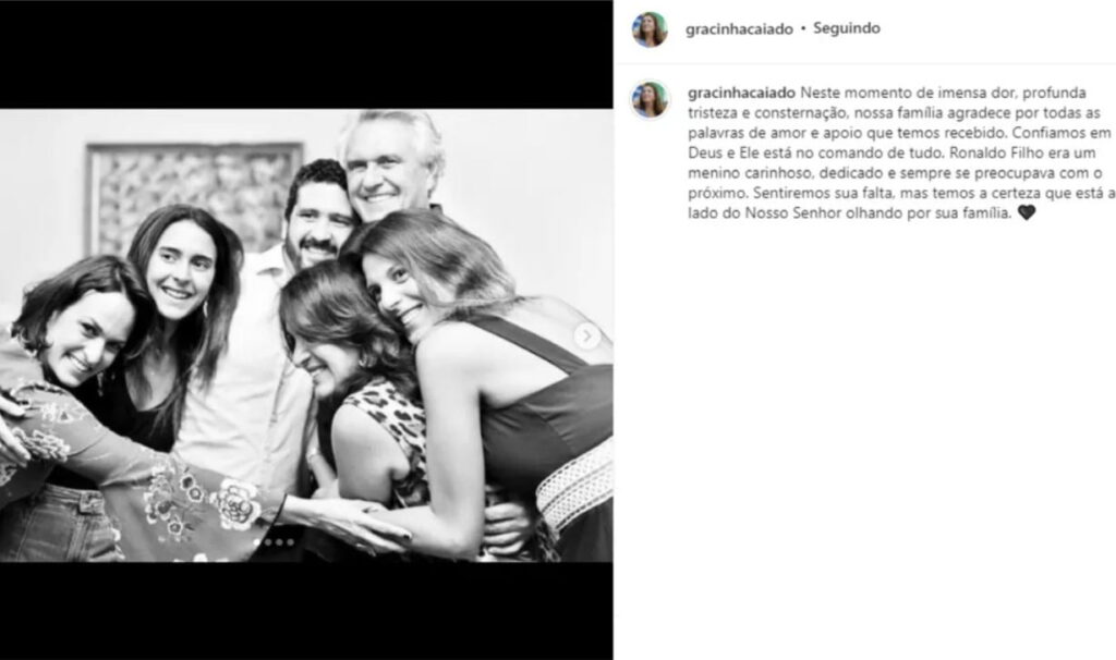 Ronaldo Caiado lamenta morte do filho: 'Minha dor só não é maior do que o meu amor'