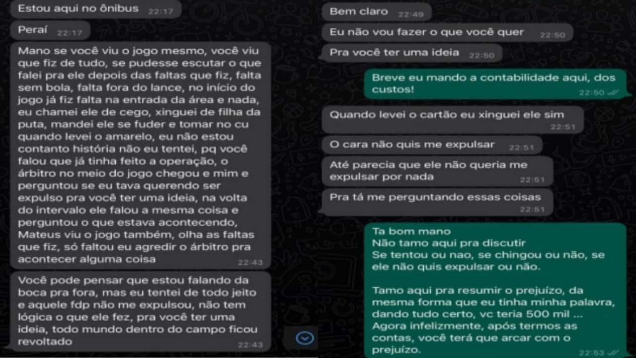 prints de mensagens sobre manipulação de jogos