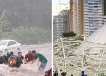 Chuva arrasta motociclista, derruba decoração de Natal e causa estragos em Goiânia
