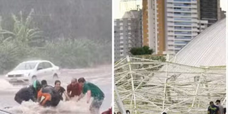 Chuva arrasta motociclista, derruba decoração de Natal e causa estragos em Goiânia