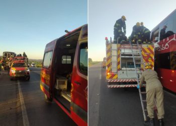 Acidente entre ônibus e caminhão deixa ao menos 18 feridos na BR-060