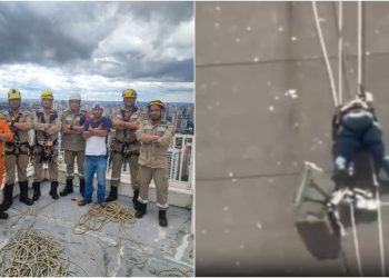 Trabalhador é resgatado após ficar suspenso a 130 metros de altura em prédio em Goiânia