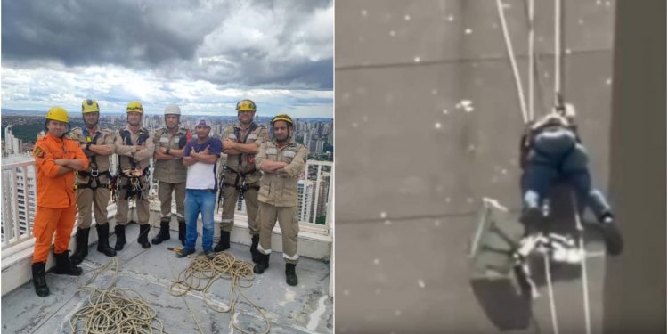 Trabalhador é resgatado após ficar suspenso a 130 metros de altura em prédio em Goiânia