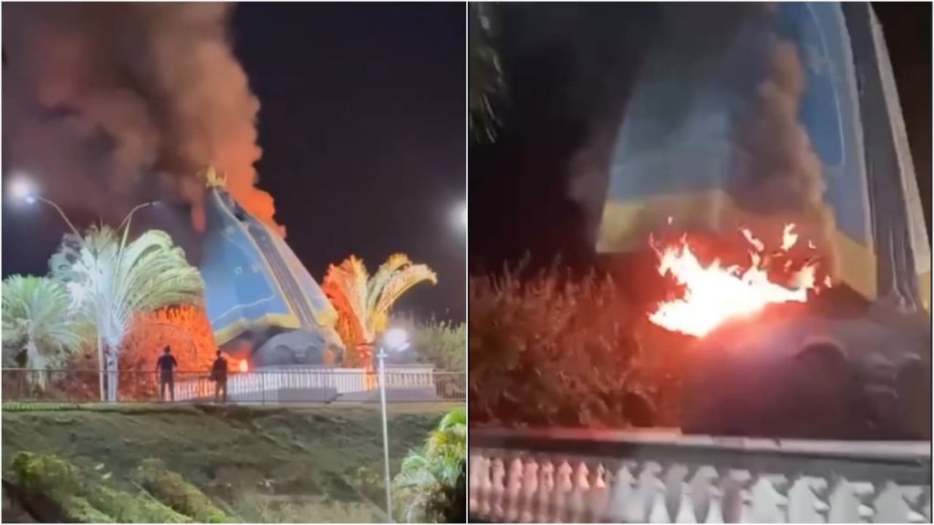 Incêndio destrói imagem de Nossa Senhora Aparecida na entrada de Nerópolis